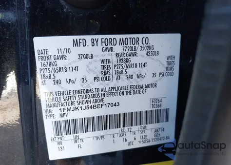 2011 Ford Expedition El Xlt из США, поврежденный, VIN 1FMJK1J54BEF17043